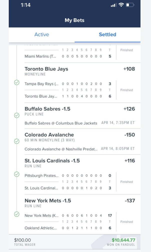Winning FanDuel parlay ticket