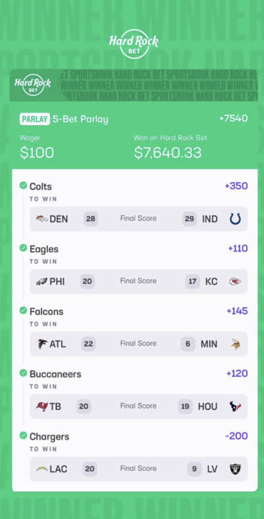 Winning Hard Rock parlay ticket